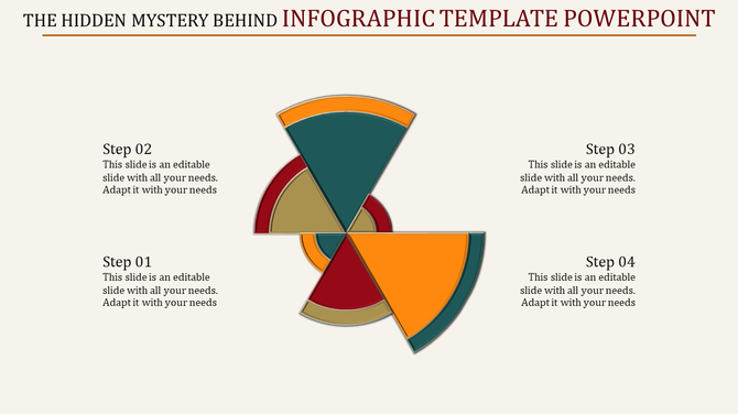 Circular infographic with orange, red, green, and beige segments, surrounded by four text placeholders.