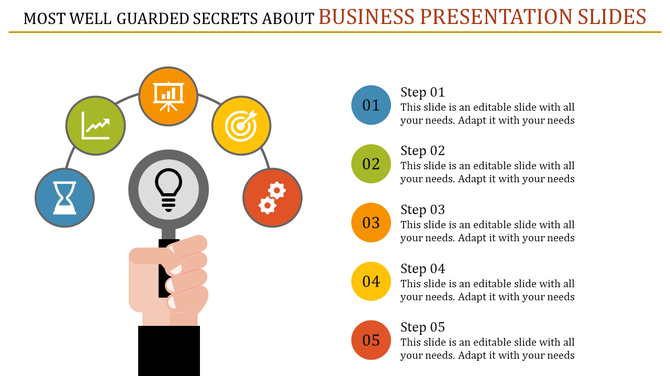 Business PPT slide with icons representing various steps, including analysis, strategy, and solutions with placeholder text.