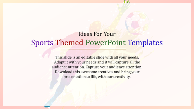 Central text overlay with a multicolor gradient background featuring sports player and a ball illustrations in faded tones.