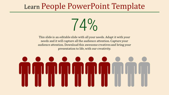 PowerPoint slide showing a group of people icons, with a bold 74 percent figure above them with placeholder text.
