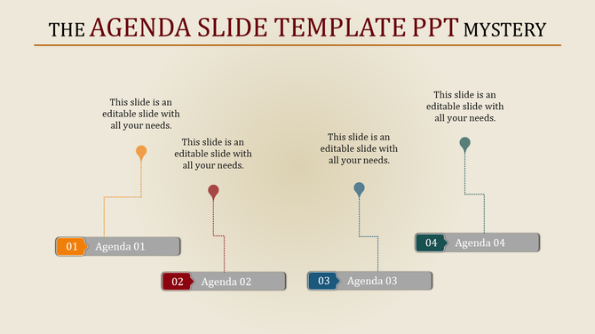 Agenda PPT slide with numbered sections each with a placeholder text.