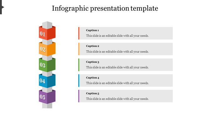 Stacked colored blocks numbered 1 to 5 on a gray tube, with matching colored text boxes on the right.