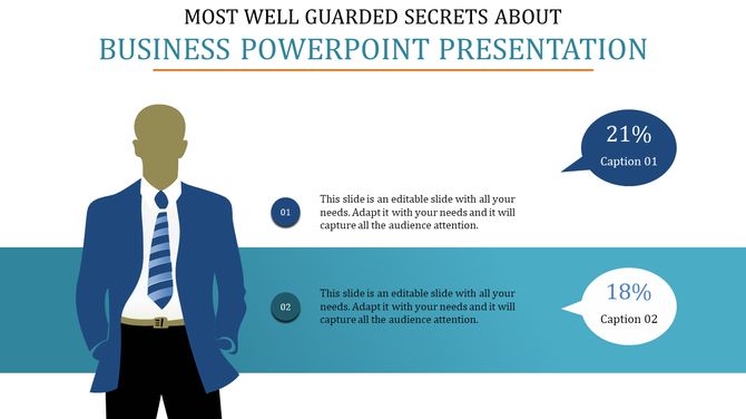 Business PowerPoint template with a professional figure and captioned speech bubbles with placeholder text.