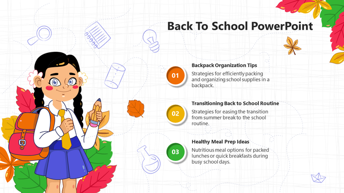 Back to school strategies for packing, transitioning routines, and meal prep on a colorful PowerPoint slide.