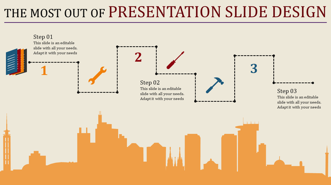 PowerPoint slide design featuring a city skyline and three steps with corresponding icons and numbered labels.