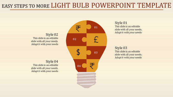 Light bulb infographic PPT slide with four puzzle pieces, each representing a different currency symbol with text area.