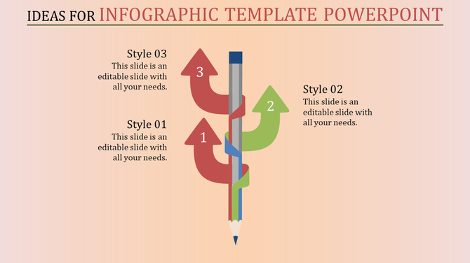 A PowerPoint infographic template with three styles labeled 1, 2, and 3, featuring a pencil and directional arrows.