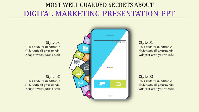 PowerPoint slide for digital marketing with an image of a smartphone surrounded by colorful app icons with placeholder text.