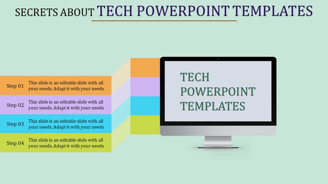 Creative tech PowerPoint template with four steps in different colors and a laptop displaying the title text.