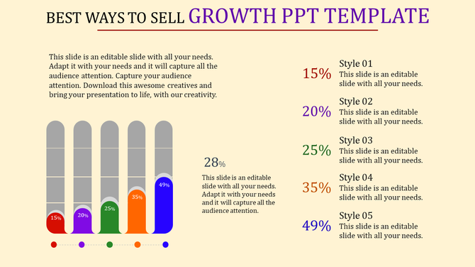 Growth PowerPoint template featuring a series of colorful bars representing different percentages with placeholder text.