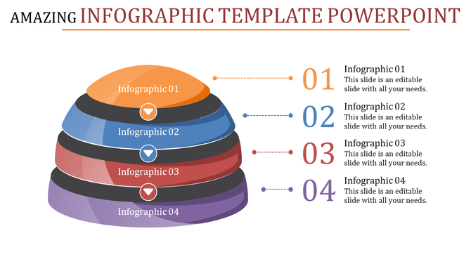 Colorful infographic PPT slide with multiple sections, each labeled with numbers 01, 02, 03, and 04 with placeholder text.