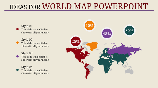 PowerPoint template showing a world map with color coded regions and percentages with placeholder text.