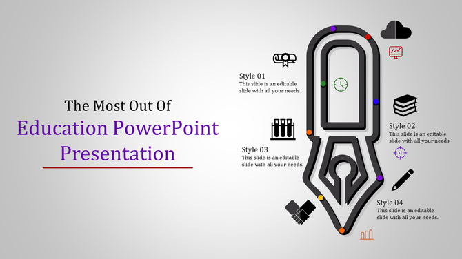 Educational PowerPoint template featuring black color icons around a pen shaped model with placeholder text.