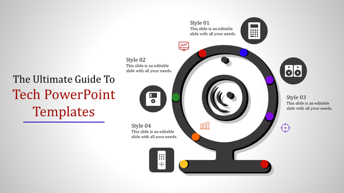 Tech PowerPoint template with colorful circular elements, each containing an icon with placeholder text.