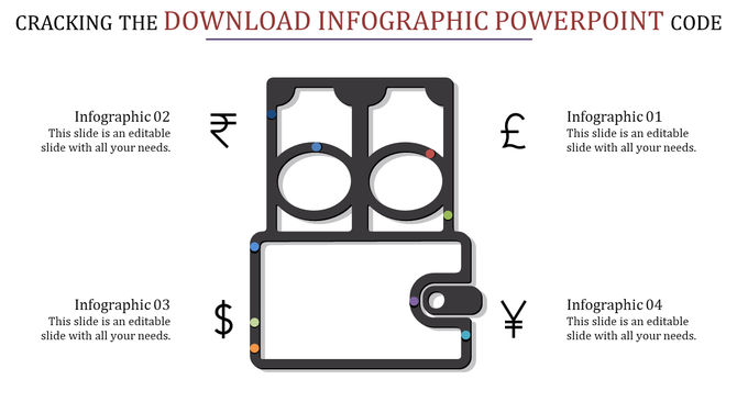 PowerPoint slide featuring a wallet infographic with different currency symbols and placeholder sections.