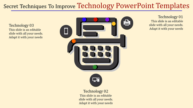 PowerPoint slide with tech related icons for phone, printer, and computer with placeholder text.