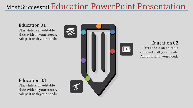 Education PowerPoint template featuring a pencil with colorful dots and icons such as books, telescope, and presentation.