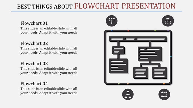 Flowchart PowerPoint slide with connected elements for easy data flow visualization with placeholder text.