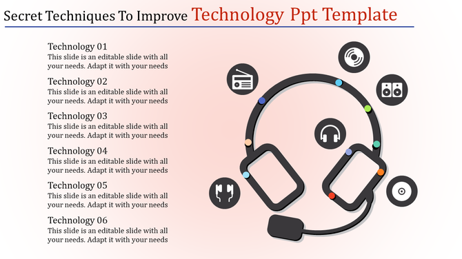 Technology PowerPoint slide featuring six stages, each with an icon of headphones, speakers, and audio equipment.