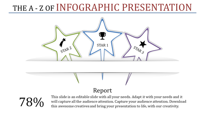 Infographic template with three colorful stars labeled Star 1, 2, and 3, accompanied by a 78 percent progress indicator.