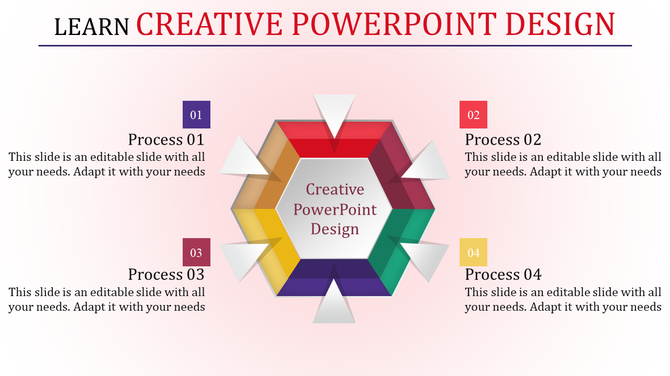 Creative PowerPoint design template featuring four process steps surrounding a colorful central design hub.