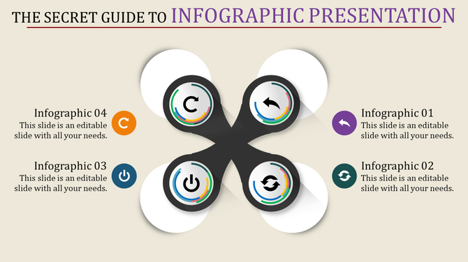 Infographic PowerPoint slide with four sections, each represented by a circular icon with colorful arrows and labeled steps.
