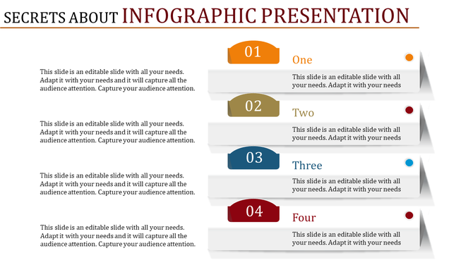 Infographic PowerPoint template showing four steps labeled one, two, three, and four, with captions for each.