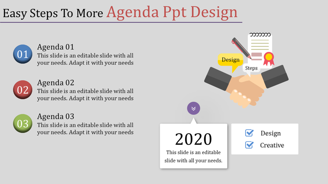 Agenda PPT design featuring three color coded agenda items with icons, a year label, and a handshake graphic.