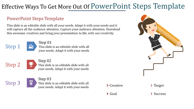 A PowerPoint template illustrating steps with icons achievement and progress, with a figure climbing toward a goal.