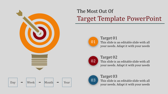 Lightbulb-shaped target with an arrow in the bullseye on the left, and three numbered target descriptions on the right.