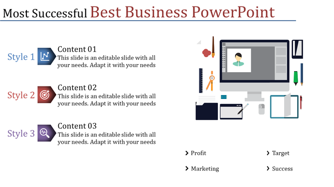 Business slide with styled content blocks, including a computer and office supplies with placeholder text.