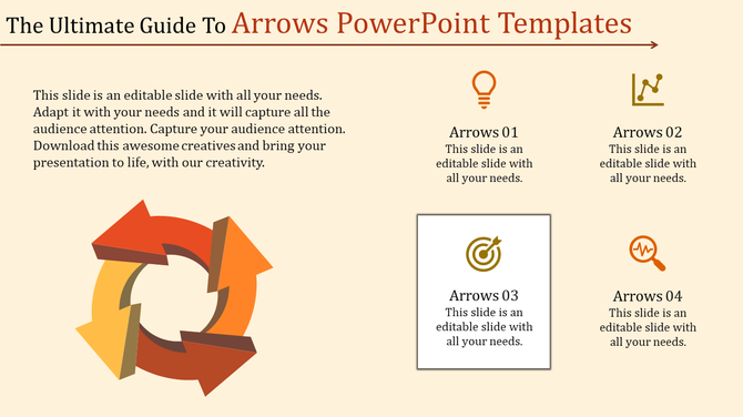 PowerPoint template with arrows and icons for different stages, representing ideas, growth, targets, and analysis.