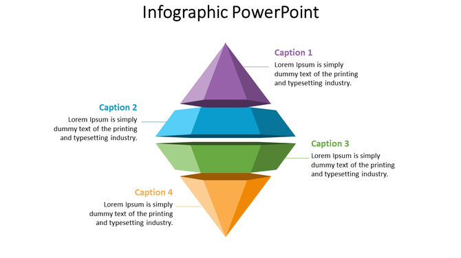 Infographic PowerPoint slide with stacked pyramid shapes in different colors, each section with a caption.