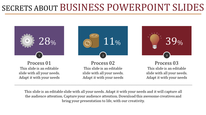 Business PowerPoint slide with three colorful boxes processes and percentage indicators with placeholder text.