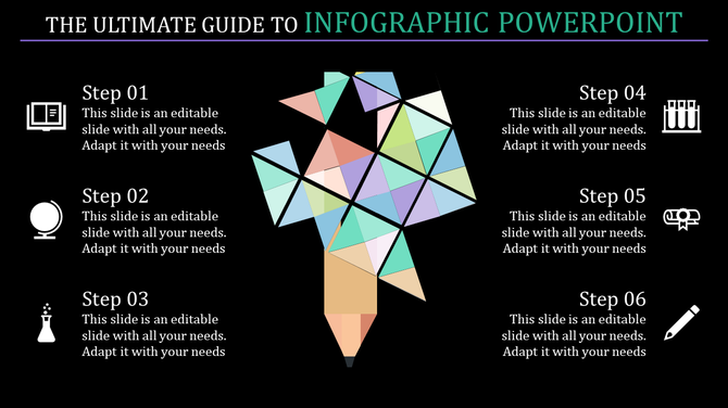 Abstract geometric pencil design with multicolored triangles at the center, on black background, and six steps outlined.