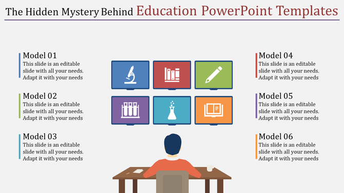 Education PPT template with various models featuring study icons like books, microscope, and test tubes for presentation.