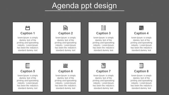 Agenda PowerPoint slide design featuring eight square sections with captions and icons on a dark background.