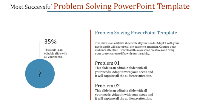 Problem solving PPT template featuring a 35 percent statistic in a blue circle and two problem descriptions on the right.