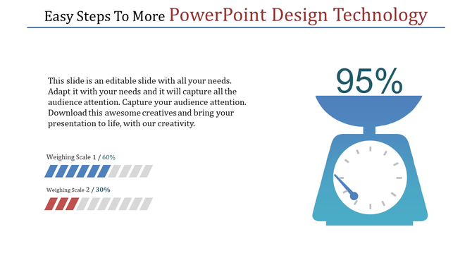 A creative PowerPoint slide with a technology theme, featuring a scale chart to illustrate data comparison.