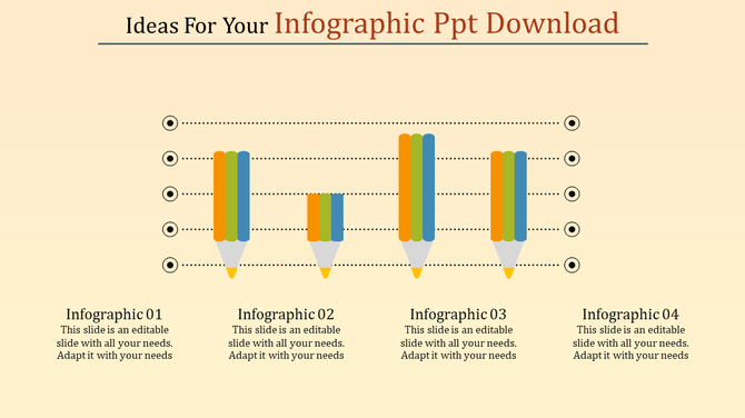 Creative infographic layout featuring four colorful pencil designs with horizontal dotted lines on a beige background.