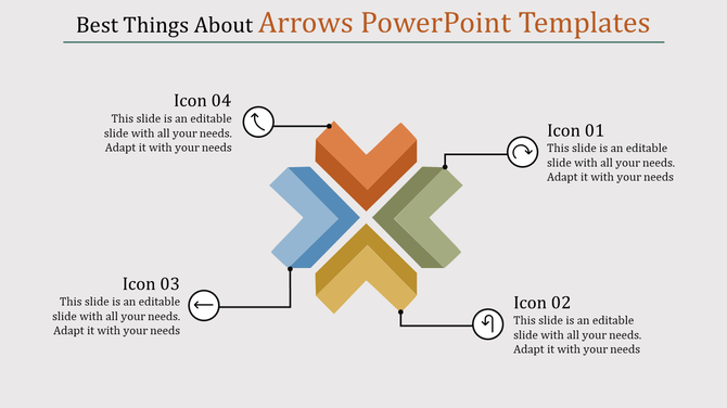 An arrows PowerPoint template showing a central shape with four arrows pointing outward, each labeled with icons.