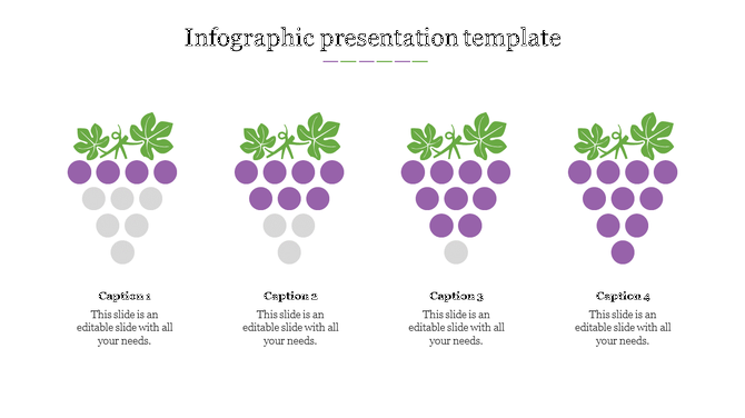 Slide featuring four grape graphics with green leaves and progressive purple shading, paired with descriptive captions.
