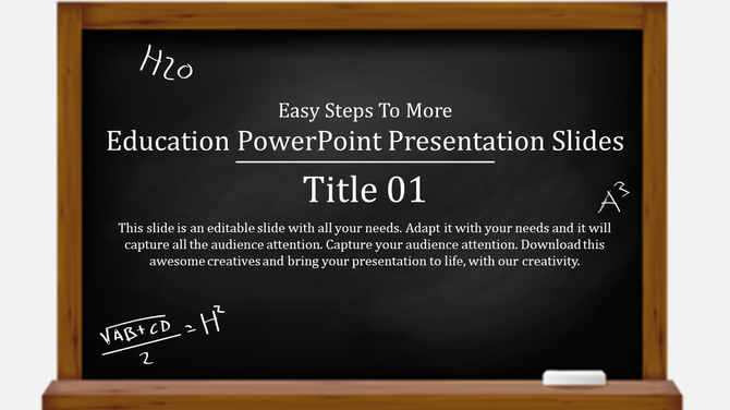 Education themed PowerPoint slide with a chalkboard background and mathematical notations with placeholder text.