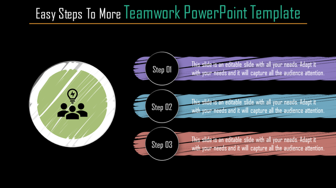 Blackboard style PowerPoint template with three steps for improving teamwork with placeholder text.