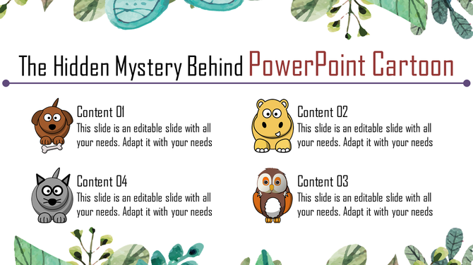 Cartoon themed slide featuring animal icons and a decorative leaf border with four content sections.
