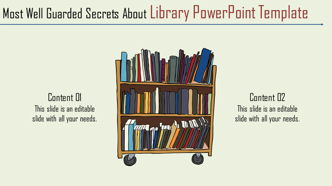 Library themed slide featuring a book trolley filled with colorful books, along with placeholders for content.