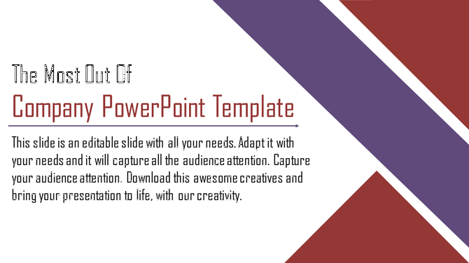 Creative PowerPoint slide with a sleek design, featuring company focused content and vibrant geometric shapes.