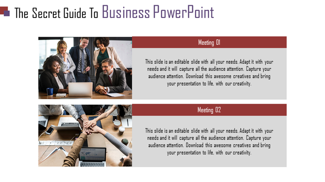 Business PowerPoint slide showcasing two meeting scenarios with descriptive captions in red banners.