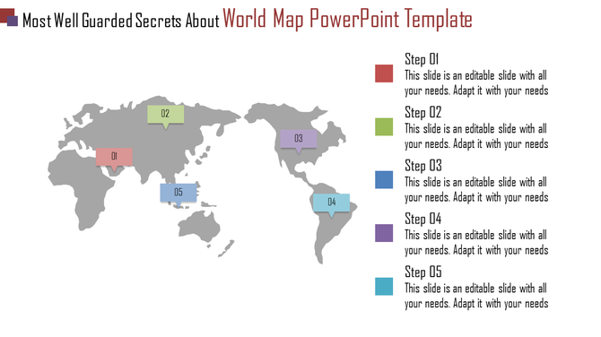 World map slide with numbered color markers and matching steps listed on the right in red, green, blue, purple, and teal.