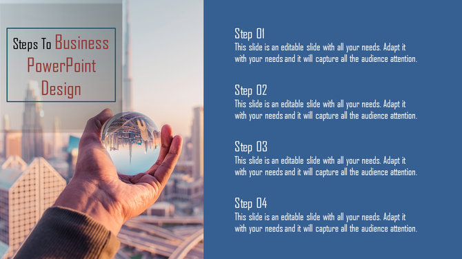 Business PowerPoint design slide with four steps, each containing numbered points and descriptions about adaptability.